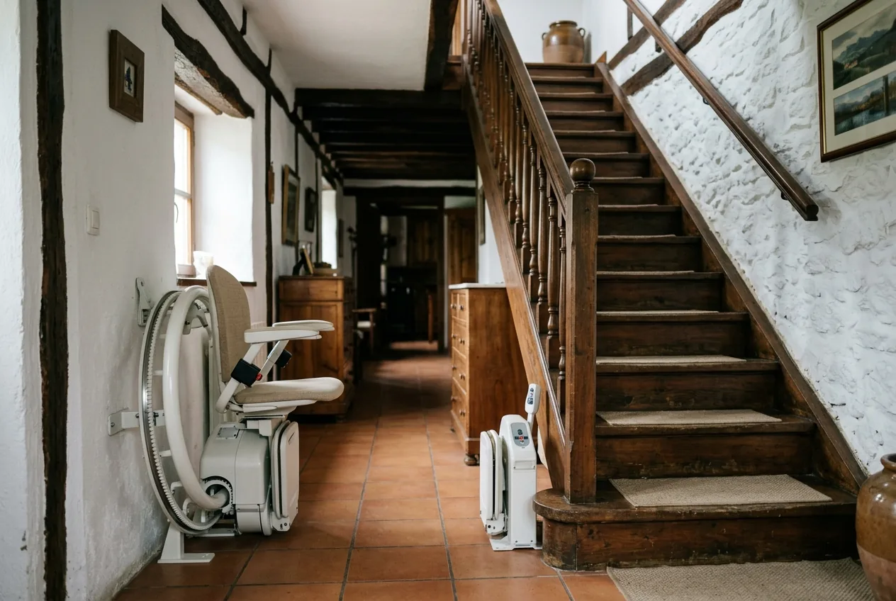Silla salvaescaleras plegada en el pasillo de una vivienda junto a una escalera