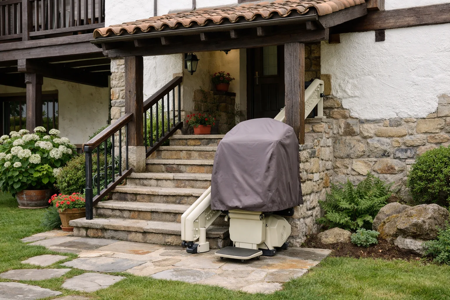 Silla salvaescaleras exterior protegida en la escalera de una casa con jardín