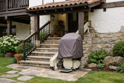 Silla salvaescaleras exterior protegida en la escalera de una casa con jardín