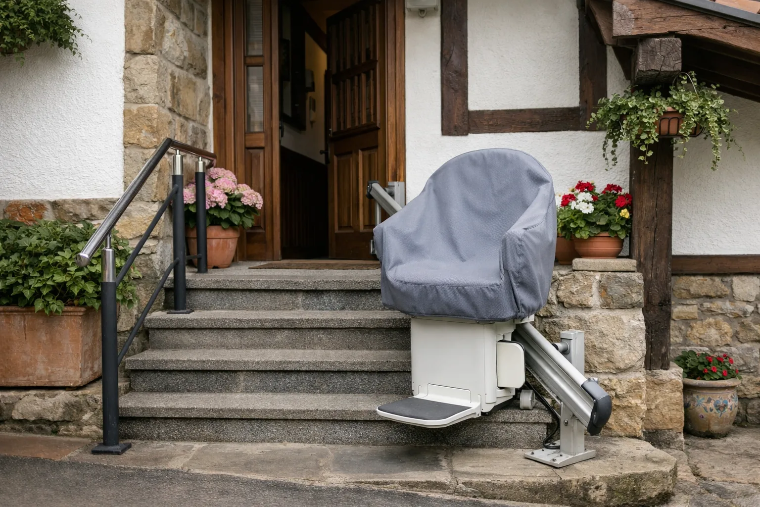 Silla salvaescaleras exterior con funda en la entrada de una vivienda