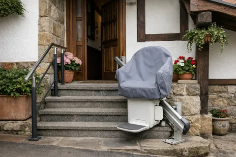 Silla salvaescaleras exterior con funda en la entrada de una vivienda