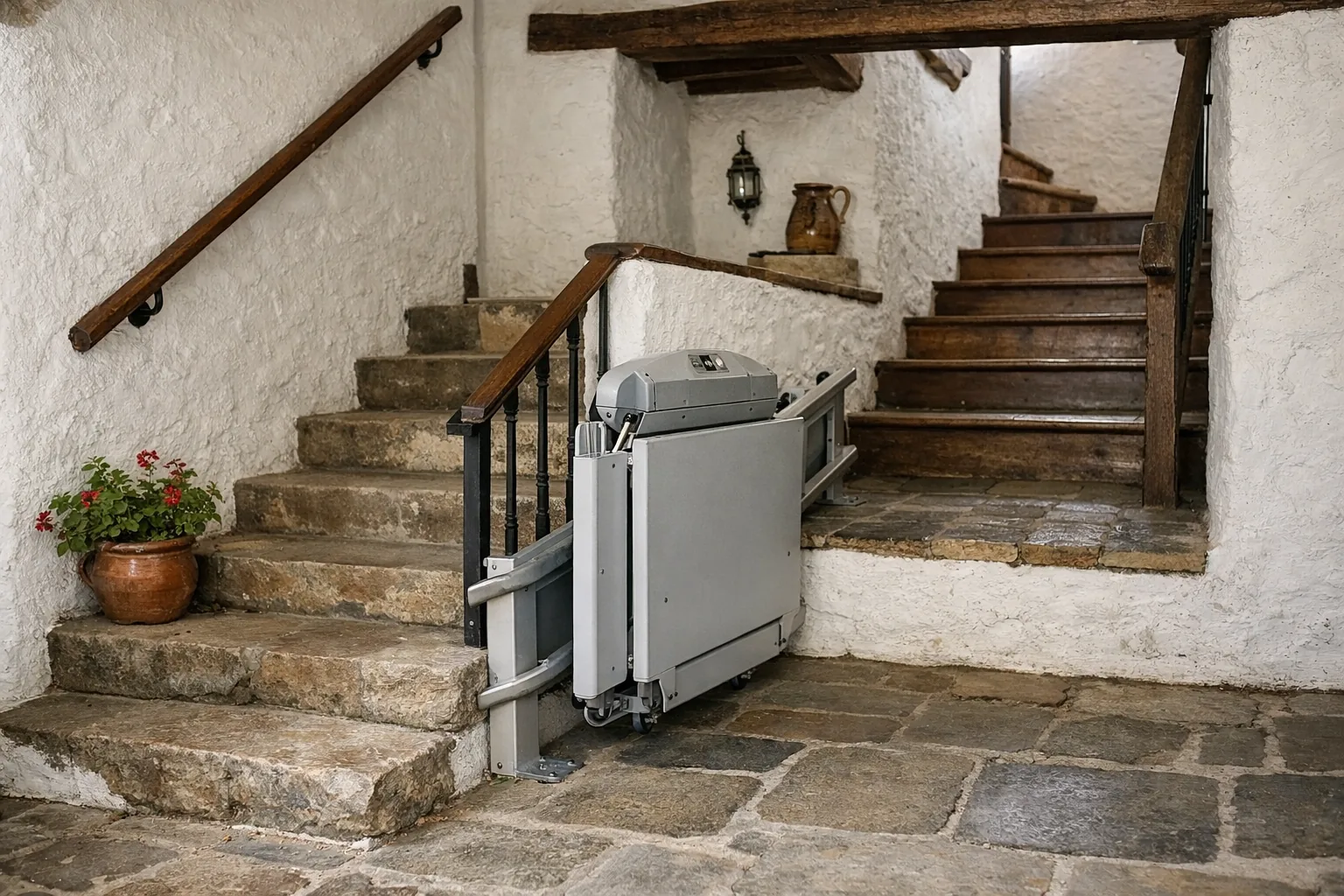 Plataforma salvaescaleras plegada en una escalera de dos tramos
