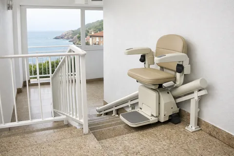 Silla salvaescaleras en una escalera luminosa con barandilla blanca