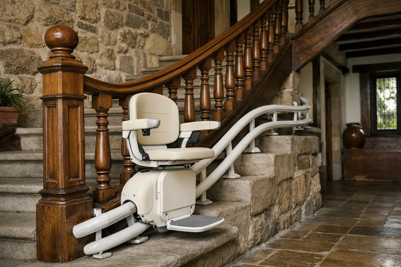 Silla salvaescaleras con raíl curvo en una escalera señorial de madera y piedra