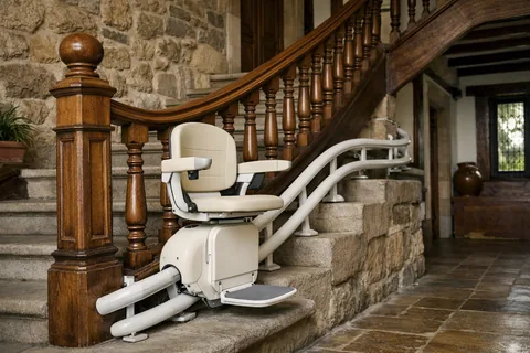 Silla salvaescaleras con raíl curvo en una escalera señorial de madera y piedra