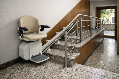 Silla salvaescaleras junto a una escalera con barandilla de acero inoxidable