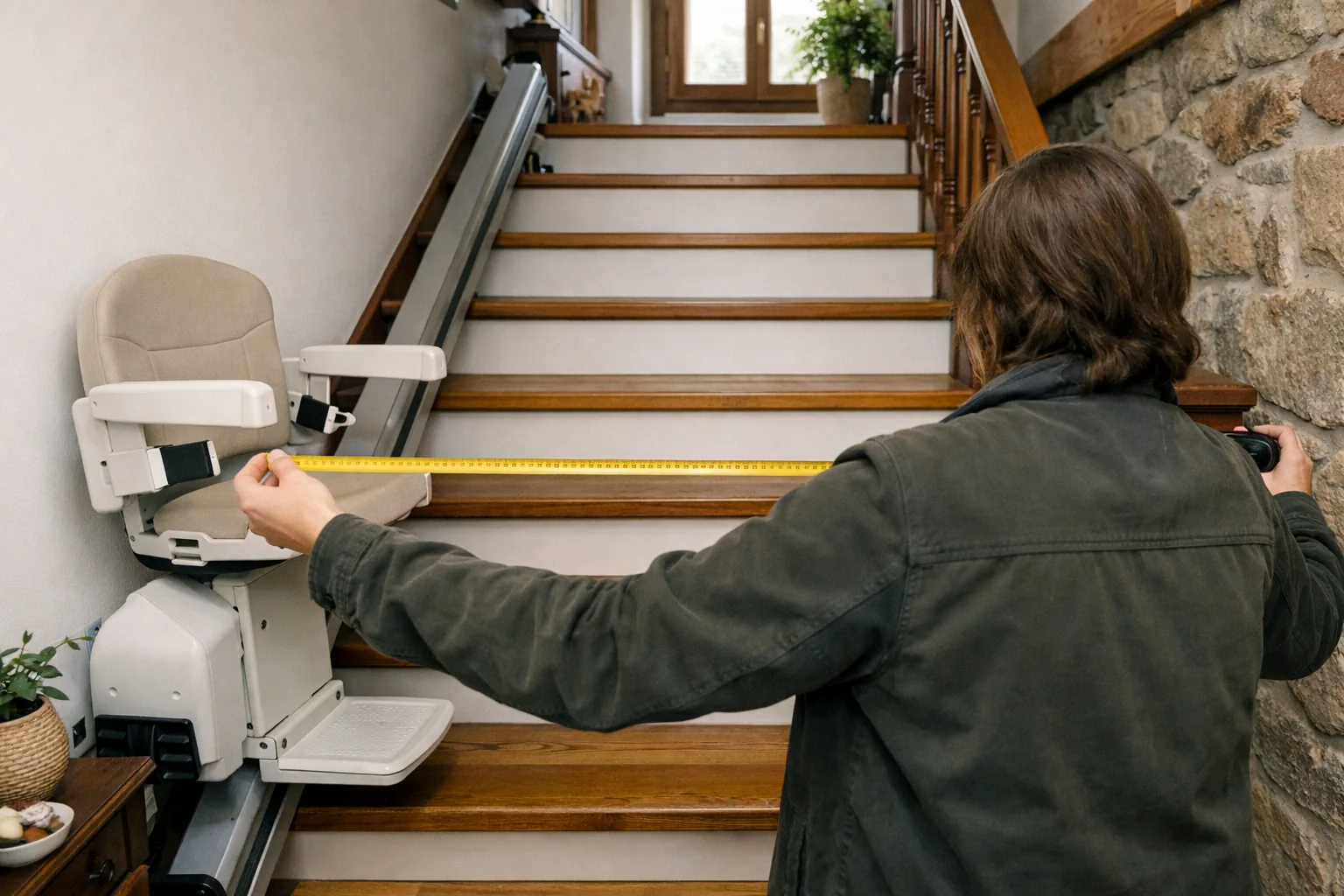 Persona midiendo el ancho de una escalera donde hay instalada una silla salvaescaleras