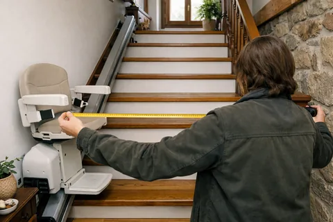 Persona midiendo el ancho de una escalera donde hay instalada una silla salvaescaleras