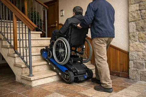 Dispositivo de oruga subiendo una silla de ruedas por una escalera con ayuda de un acompañante
