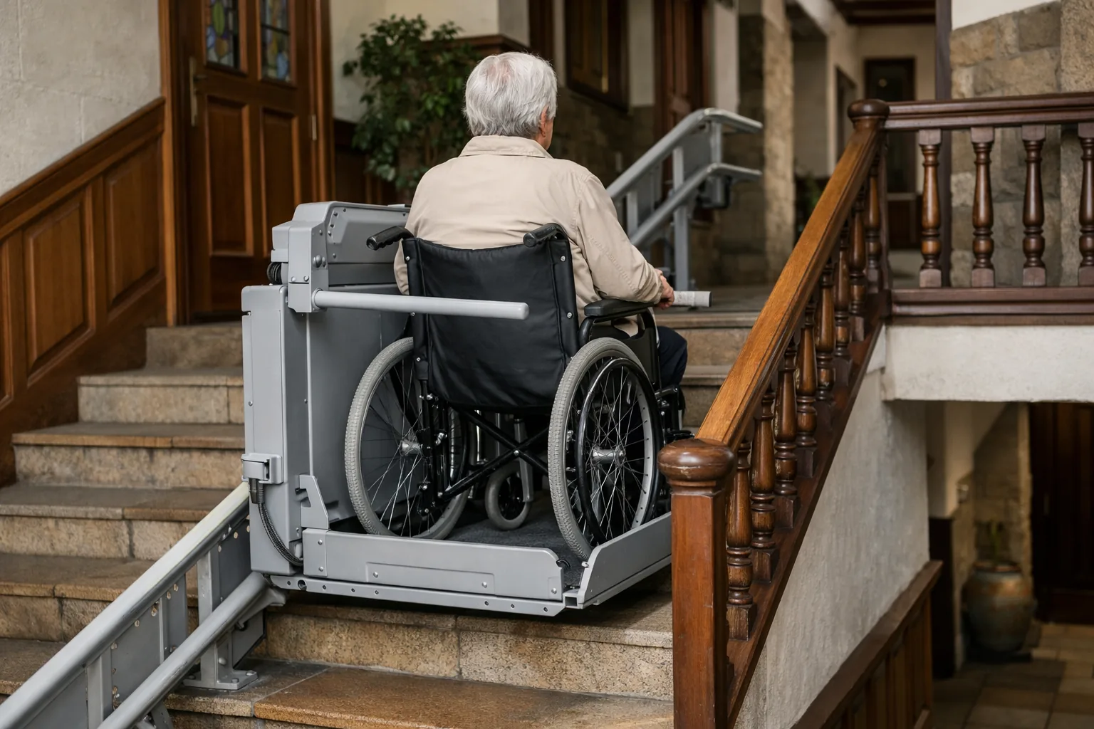 Plataforma salvaescaleras con una persona en silla de ruedas en una escalera interior