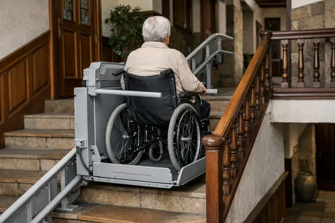Plataforma salvaescaleras con una persona en silla de ruedas en una escalera interior