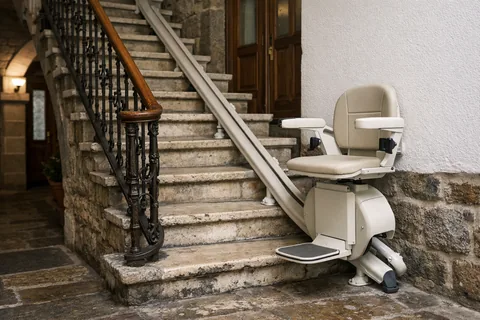 Silla salvaescaleras en una escalera de portal antiguo con barandilla de forja