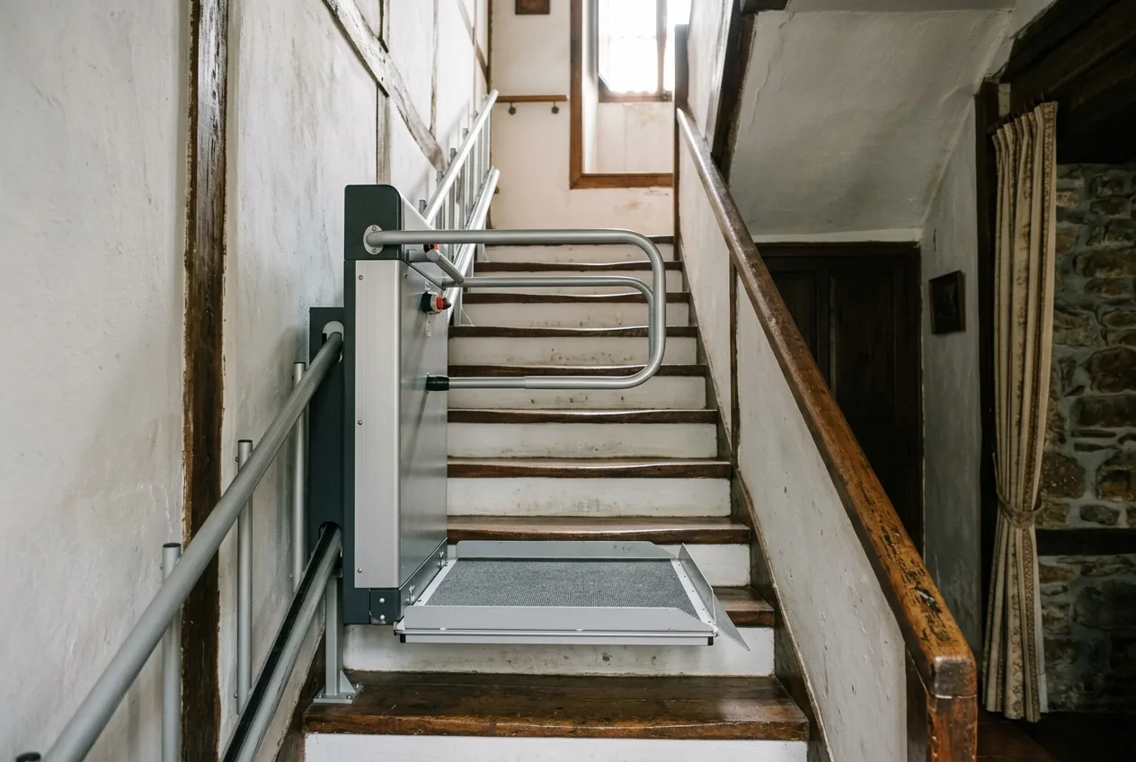 Salvaescaleras de pie con plataforma y asidero en una escalera estrecha