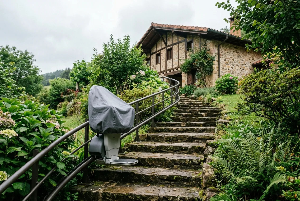 Silla salvaescaleras protegida con funda en una escalera exterior de piedra