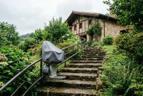 Silla salvaescaleras protegida con funda en una escalera exterior de piedra