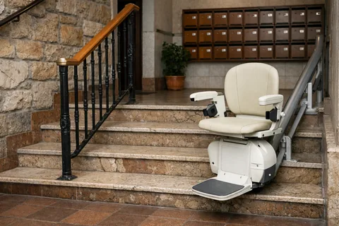 Silla salvaescaleras en la escalera de un portal con buzones