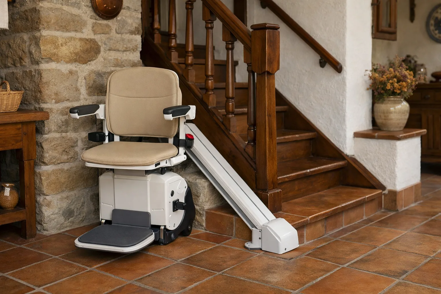 Silla salvaescaleras ligera junto a una escalera interior de madera