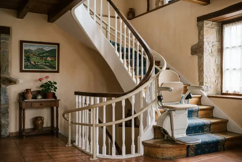 Silla salvaescaleras sobre un raíl curvo en una escalera de caracol