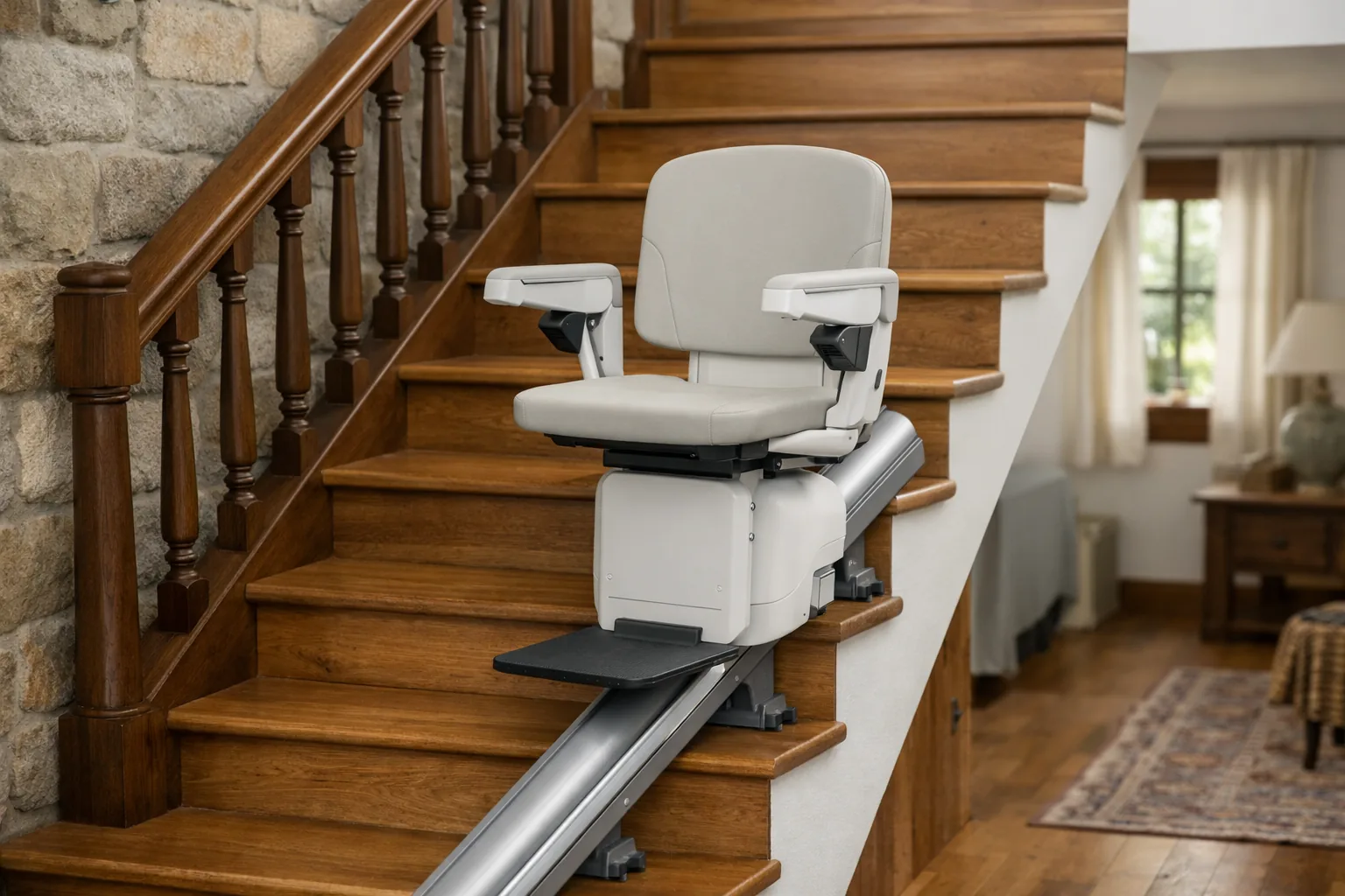 Silla salvaescaleras en una escalera recta de madera de una vivienda
