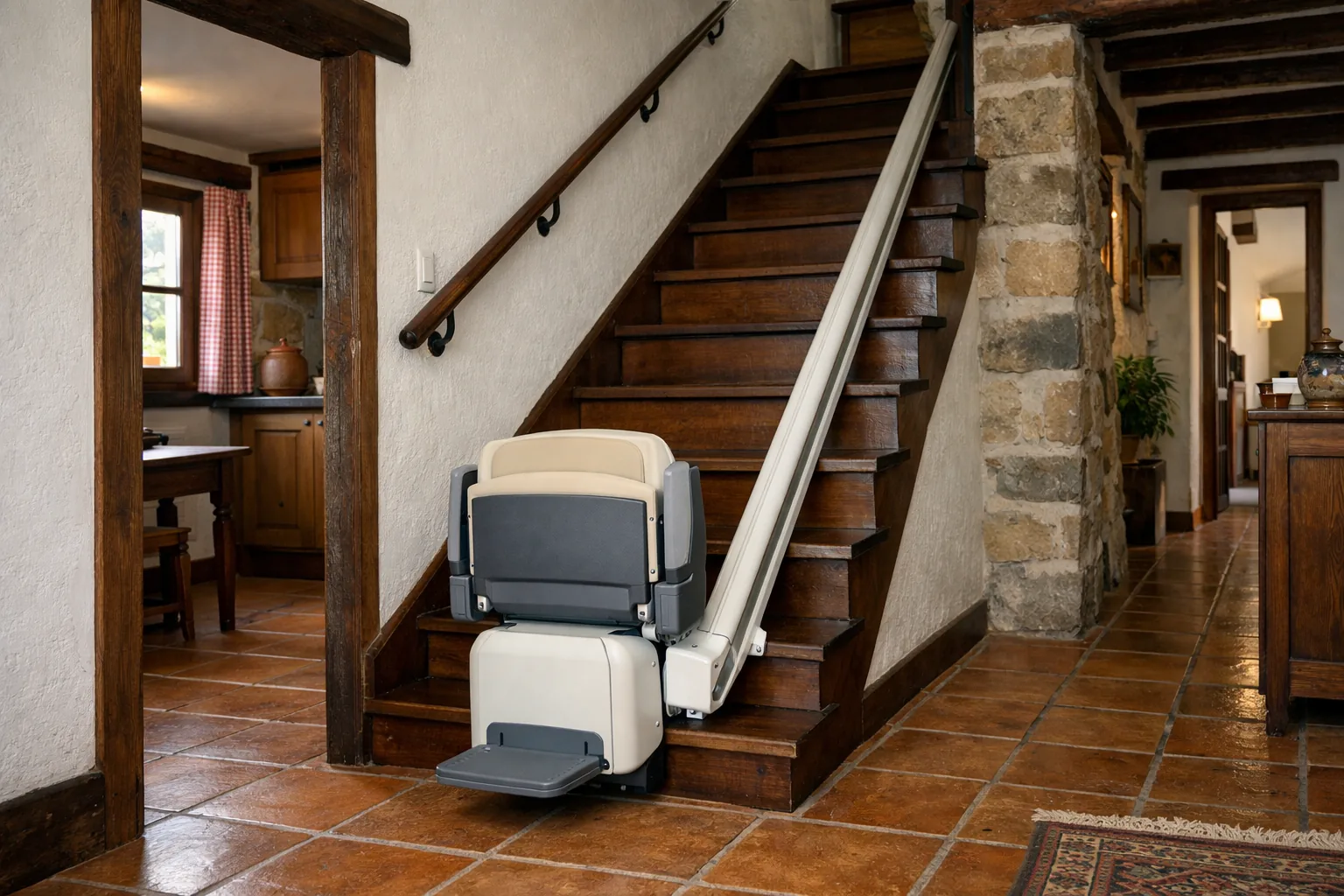 Silla salvaescaleras recta en una escalera estrecha de madera oscura