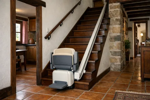 Silla salvaescaleras recta en una escalera estrecha de madera oscura